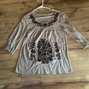 Garnet Hill Tan embroidered babydoll top size extra small